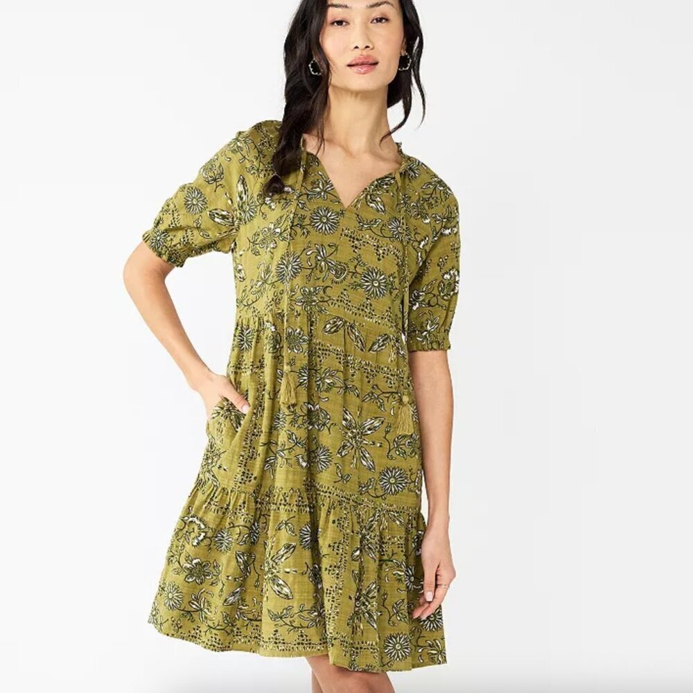 Sonoma Green Floral Elbow Sleeve Tiered Boho Babydoll Dress